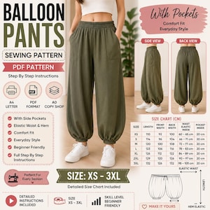 Schnittmuster für Damen-Ballonhosen (PDF), weite Hose mit Gummizug im Bund, für Anfänger, Formate: A4, A0, US Letter