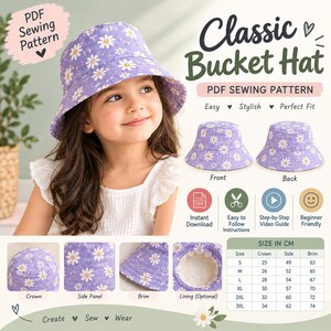 May include: A PDF sewing pattern for a bucket hat featuring a purple fabric with a white daisy print. The image displays the finished hat, front and back views, detailed component close-ups, and a size chart in centimeters for sizes S to 3XL.