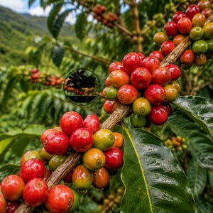 Könnte beinhalten: Ein Kaffeepflanzenzweig mit Trauben reifender Kaffeekirschen in verschiedenen Schattierungen von leuchtendem Rot, Orange und Grün. Die glatten, runden Früchte sitzen an einem holzigen Stiel, begleitet von großen, glänzenden, dunkelgrünen Blättern.