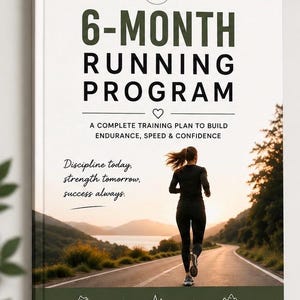 Pode incluir: Uma capa de programa de corrida de 6 meses com um corredor numa estrada ao pôr do sol. O texto inclui: 6-MONTH RUNNING PROGRAM, A COMPLETE TRAINING PLAN TO BUILD ENDURANCE, SPEED & CONFIDENCE, Discipline today, strength tomorrow, success always.