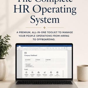 Könnte beinhalten: Ein digitales HR-Betriebssystem-Toolkit auf einem Laptop-Bildschirm. Der Text lautet: HR Operating System, The Complete HR Operating System, A premium, all-in-one toolkit to manage your people operations from hiring to offboarding.