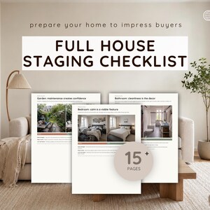 Op de afbeelding: Een digitaal document getiteld Full House Staging Checklist met de ondertitel prepare your home to impress buyers. Het document bevat meerdere pagina's met foto's van interieurs en tuinen, inclusief een 15+ pagina's badge.