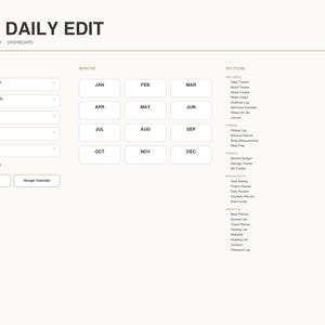 Può includere: Una dashboard per pianificatore digitale intitolata THE DAILY EDIT con un'interfaccia beige chiaro che presenta sezioni per l'accesso rapido, i mesi da gen a dic e categorie tra cui benessere, fitness, finanza, produttività e stile di vita.