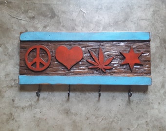 Llavero de cannabis con la bandera de Chicago, hecho a medida en CNC. Rústico, pintado a mano. Paz, amor, cannabis y Chicago.