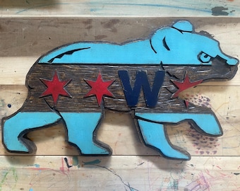 Letrero personalizado con la bandera de los Chicago Cubs: arte mural de madera tallada en CNC, 23 x 13 x 1