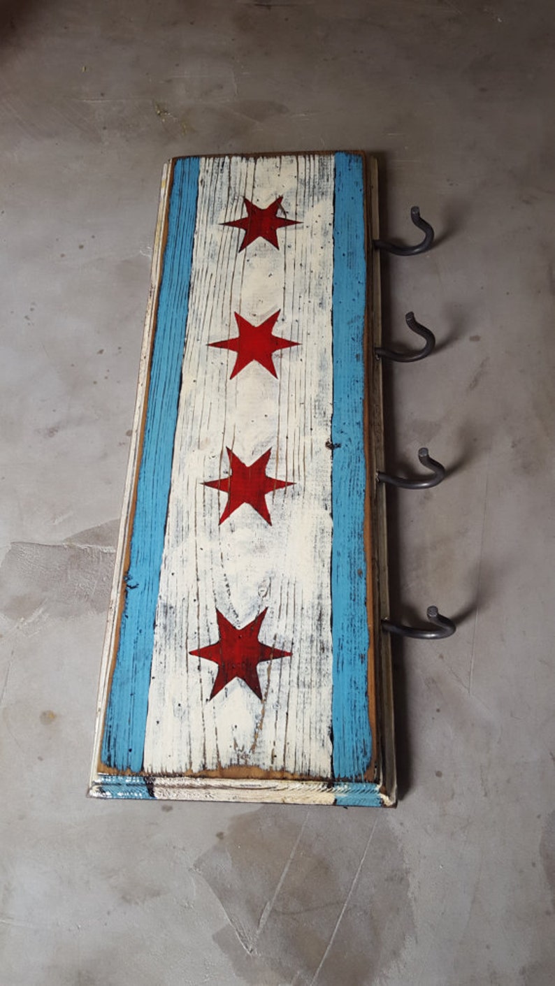 Handcrafted Chicago flag W/ optional key hooks image 4