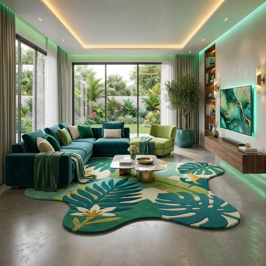 Handmade Tropical Leaf Rug, Monstera Botanical Area Rug, Boho Home ...