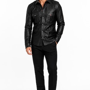 Mens Black Lambskin Leather Shirt Jacket | Luxury Slim Fit Leather Overshirt | Genuine Leather Button Down Shacket | Smart Casual Coat
