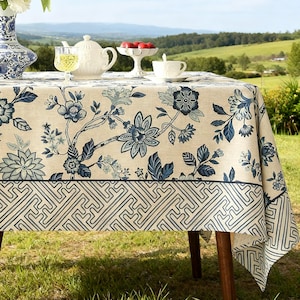 Vintage Elegant Blue Floral Rectangle Tablecloth, Linen Table Cover, Soft Breathable Decor for Kitchen Dining Wedding Tea Party Thanksgiving
