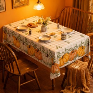 May include: A rectangular tablecloth featuring a light beige and white gingham check pattern with a border of orange and white pumpkins and green eucalyptus leaves. The tablecloth is set on a wooden table with plates and silverware.