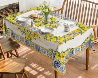 Vintage Lemon Summer Tablecloth, White & Yellow Floral Fruit Pattern,  Farmhouse Kitchen Decor, Party Picnic Dinner Table Decoration