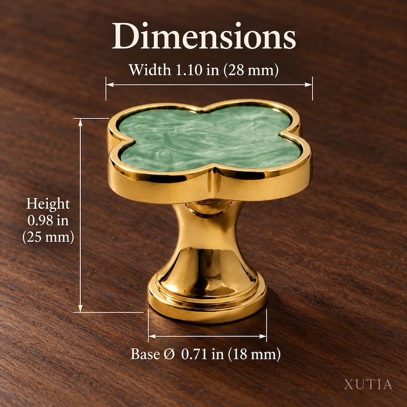 May include: A gold-toned cabinet knob with a clover-shaped top featuring a marbled light green inlay. The knob has a width of 1.10 inches, a height of 0.98 inches, and a base diameter of 0.71 inches. The text XUTIA is visible.