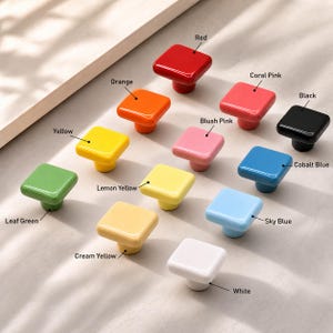 Puede incluir: Una colección de pomos cuadrados para armarios en varios colores brillantes, incluyendo rojo, naranja, rosa coral, negro, amarillo, rosa suave, azul cobalto, verde hoja, amarillo limón, azul cielo, amarillo crema y blanco, cada uno etiquetado con su color.