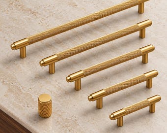 Goldfarbene, gerändelte Schrankgriffe und -knöpfe, moderne Küchenschubladengriffe, Kommodenbeschläge in Messingoptik, Schrankgriffe, 96 128 160 192 320 mm