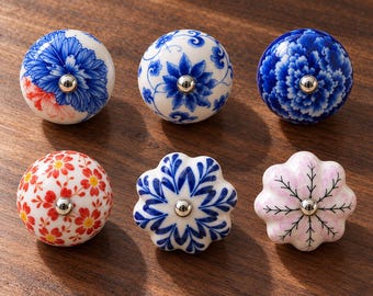 Keramik-Schrankknöpfe, blau-weiße Schubladenknöpfe mit Blumenmuster, Porzellan-Kommodengriffe, Schrankgriffe mit Blumenmuster, Küchenmöbelbeschläge im Landhausstil