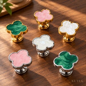 Clover Cabinet Knobs, Flower Drawer Knobs, Pink Green White Pearl Look, Gold Silver Hardware for Dresser, Vanity, Cupboard and Wardrobe