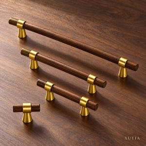 Holzgriffe für Schränke, Schubladengriffe in gebürstetem Gold, brauner T-förmiger Knauf, Küchenbeschläge im Mid-Century-Stil, Schrankgriffe, 96 mm, 128 mm, 192 mm