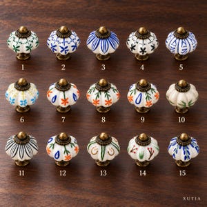 Ceramic Pumpkin Cabinet Knobs, Floral Drawer Pulls, Blue White Dresser Knobs, Antique Brass Finish, Cottage Kitchen Cupboard Hardware