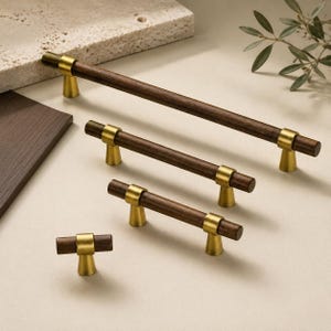 Walnut Wood Cabinet Handle, Antique Brass Drawer Pull, T Bar Furniture Hardware, Kitchen Cabinet Pull, Mid Century Modern Dresser Handle