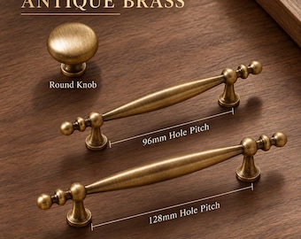 Antique Brass Cabinet Pulls and Round Knobs, Decorative Vintage Spindle Drawer Handles, Kitchen Cupboard Hardware, Dresser Pulls, 96mm 128mm
