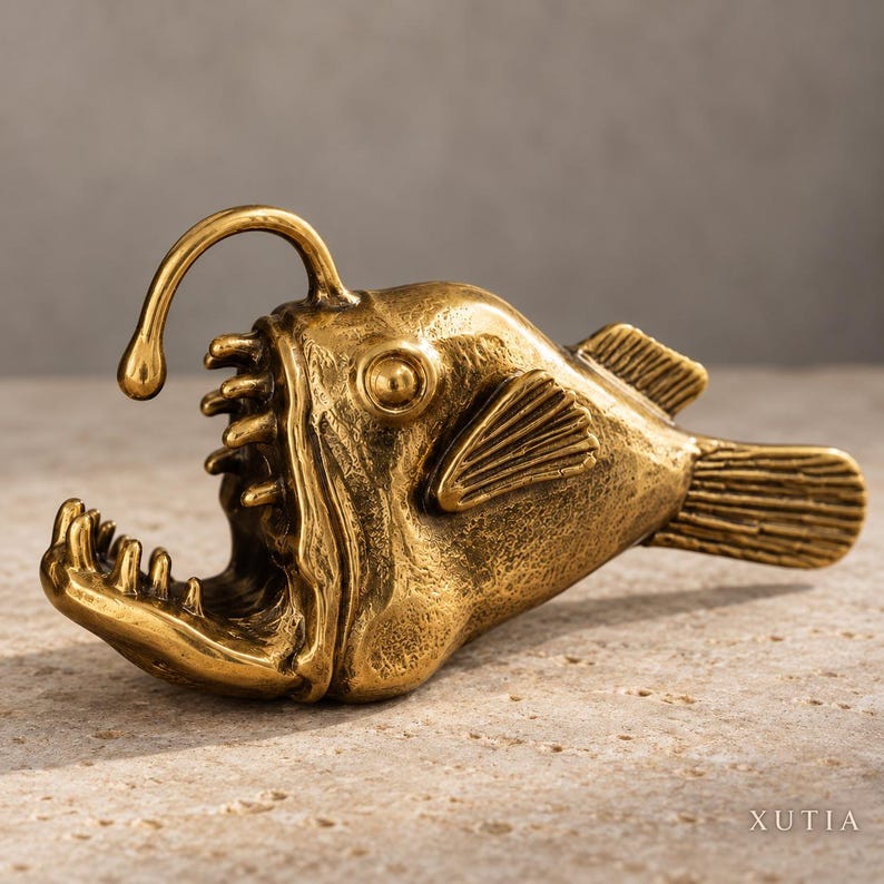 Op de afbeelding: Een messingkleurig zeeduivelbeeldje met een getextureerde metalen afwerking. Het beeldje heeft een opvallende lokhengel op de kop, scherpe tanden, een wijd openstaande bek en gedetailleerde vinnen. Het woord XUTIA staat rechtsonder afgedrukt.