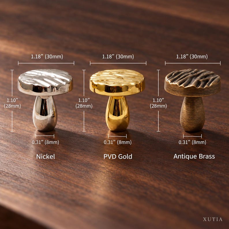 May include: Three mushroom-shaped cabinet knobs in nickel, PVD gold, and antique brass finishes. Each knob measures 1.18 inches in diameter, 1.10 inches in height, and has a 0.31 inch base. The tops feature a textured, organic surface pattern.