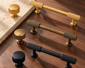 Fluted Cabinet Handles and Knobs, Antique Brass, Brushed Brass, Matte Black Drawer Pulls, Ribbed Kitchen Hardware, Dresser Wardrobe Handles