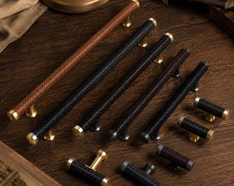 Poignées d'armoire en cuir, Poignées de tiroir en cuir tressé, Quincaillerie d'armoire en laiton, Poignées de commode de luxe, Poignées de porte d'armoire