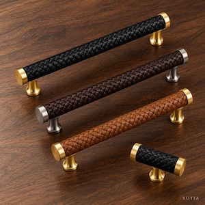 Puxadores de couro trançado para armários, puxadores para gavetas em preto e marrom, puxadores em formato de T em dourado e cinza, ferragens para cozinha, puxadores para cômodas e guarda-roupas, 6 tamanhos.