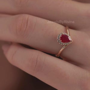 Beautifully Pear Cut Ring, Solitaire 925 Sterling Silver Ring, Imitation Ruby Ring, 18K Yellow Gold Plated Ring, Wedding Ring for Her