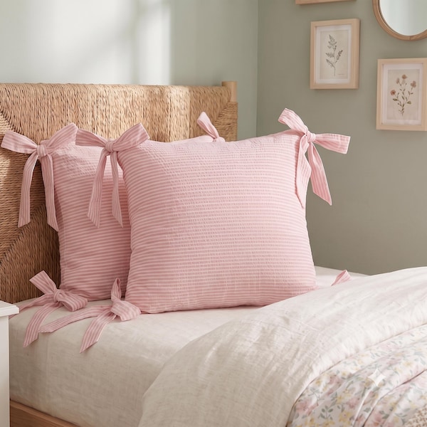 Blush Pink Striped Pillow Covers with Bows, Cottagecore Farmhouse Decor, Shabby Chic Nursery Throw Pillow