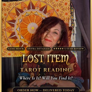 Op de afbeelding: Een persoon met roodbruin haar voor een geel mandala-wandkleed. Tekst: SAME HOUR, EXTRA DETAILED, 5 STAR REVIEW, LOST ITEM TAROT READING, Where Is It? Will You Find It?, ORDER NOW – DELIVERED TODAY.