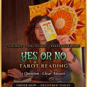 May include: A tarot reading service advertisement featuring the text YES OR NO TAROT READING, 1 Question Clear Answer, SAME HOUR, EXTRA DETAILED, 5 STAR REVIEW, and ORDER NOW – DELIVERED TODAY, with a person holding a Two of Cups tarot card.