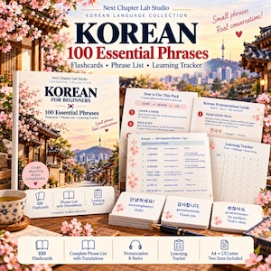 Puede incluir: Un kit de aprendizaje de coreano que incluye un libro titulado Korean 100 Essential Phrases, una guía de pronunciación, un rastreador de aprendizaje y un mazo de tarjetas. Los materiales contienen texto en inglés y coreano con flores de cerezo.