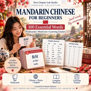 Mandarin Chinese Flashcards, 100 Essential Words for Beginners, Chinese Vocabulary, Printable Language Learning