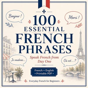 May include: A square educational graphic titled 100 Essential French Phrases, featuring the text Speak French from Day One, French + English, and Printable PDF. The design includes speech bubbles with phrases, a cafe table, and the Eiffel Tower.