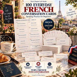 Schede di conversazione in francese, 100 argomenti di vita quotidiana per principianti, PDF stampabile