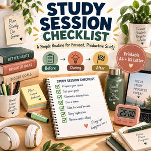Puede incluir: Un cuaderno de espiral titulado Study Session Checklist con una lista de tareas, rodeado por una botella de agua verde, un temporizador digital rosa, auriculares, bolígrafos, notas adhesivas y libros etiquetados Better Habits, Brighter Ideas y Bigger Goals.