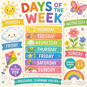 Preschool Days of the Week Poster, Classroom Calendar Decor, Printable PDF