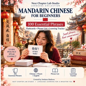 Mandarin Chinese Phrase Flashcards, 100 Printable Cards for Beginners, Pinyin Practice with English Translation