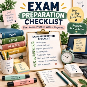 Exam Preparation Checklist, Study Planner, Test Prep Guide (Digital Download)