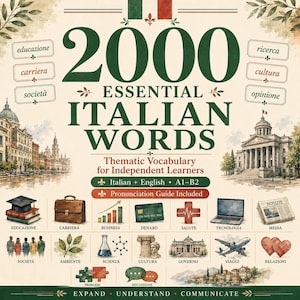 Italian Vocabulary PDF, 2000 Essential Words for A1 A2 Beginners, Printable Study Workbook