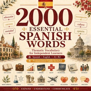 May include: A book cover titled 2000 Essential Spanish Words: Thematic Vocabulary for Independent Learners. It features the Spanish flag, illustrations of buildings, and icons representing topics like education, business, health, and technology.
