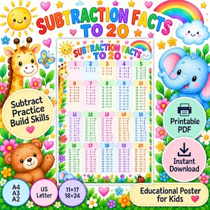 Colorful Subtraction Facts to 20 Poster, Kindergarten Math Chart (Digital Download)