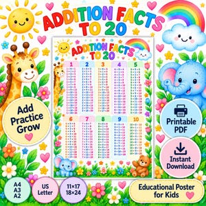 Addition Facts to 20 Poster, Kindergarten Math Chart (Digital Download)