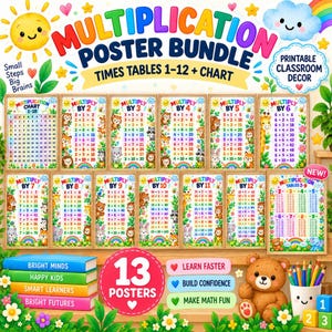 Paquete de pósteres de multiplicación, 13 tablas imprimibles para aulas, decoración de pared para matemáticas en casa.