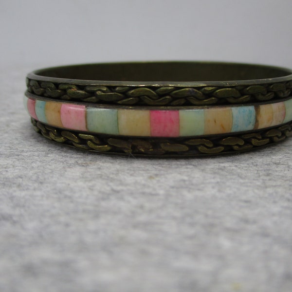 Made In India Bracelet Brass Design & Dyed Mother Of Pearl Inlay 2 3/4" Diameter