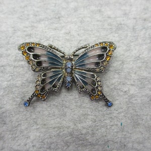 Vintage Signed Monet Enamel & Rhinestone Butterfly Silver Tone Brooch 1 5/8&quot; W