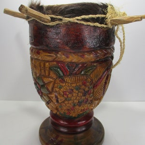 Vintage Hand-Carved Wood Drum Souvenir St. Maarten 13 1/4&quot; Tall x 7&quot; Diam