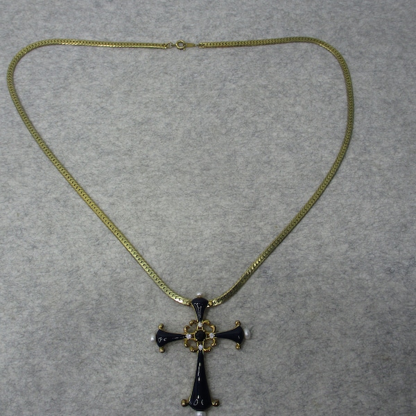 Vintage Gold Tone Rhinestone Blue Enamel Cross Pendant Necklace 21" L